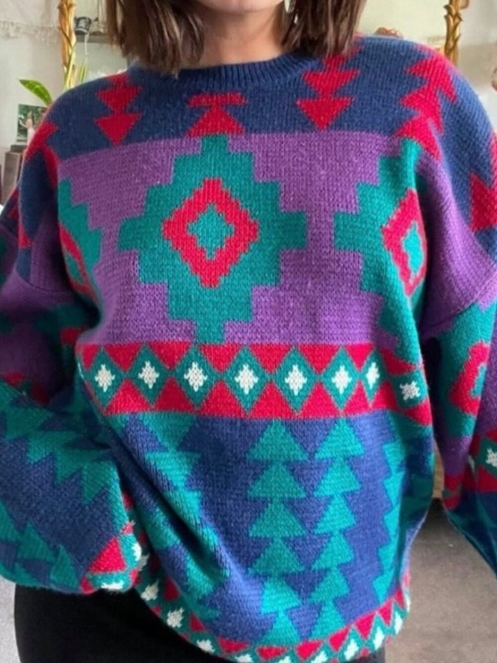 Vintage Interim Sweater Aztec Geometric Colorful 90s Knit Size Large